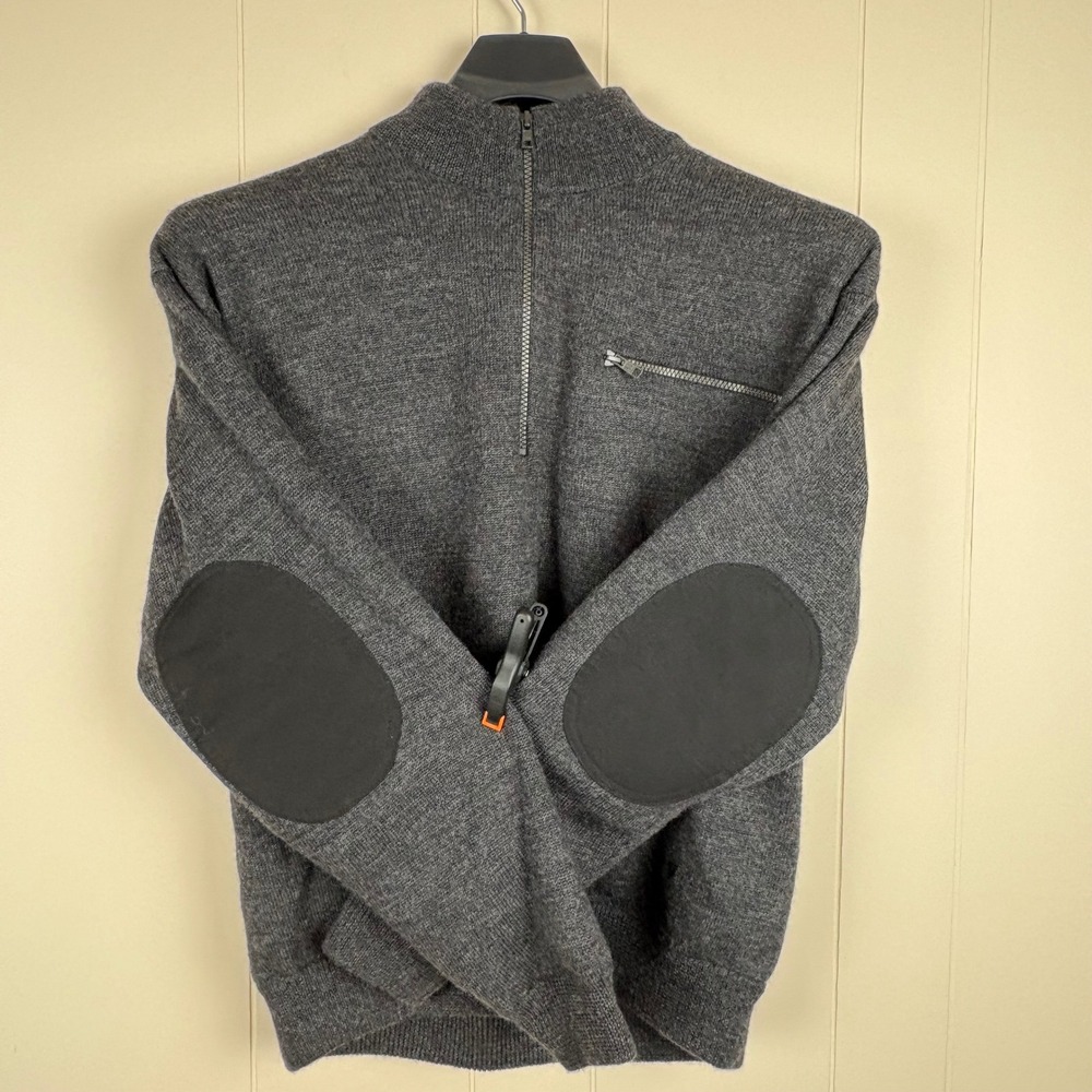 Cabelas WindShear Mens L Gray 100% Wool Lined Quarter Zip Hunting Sweater Elbows